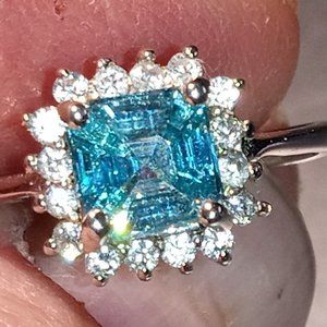 Square Cut Blue Zircon with White Zircon Halo